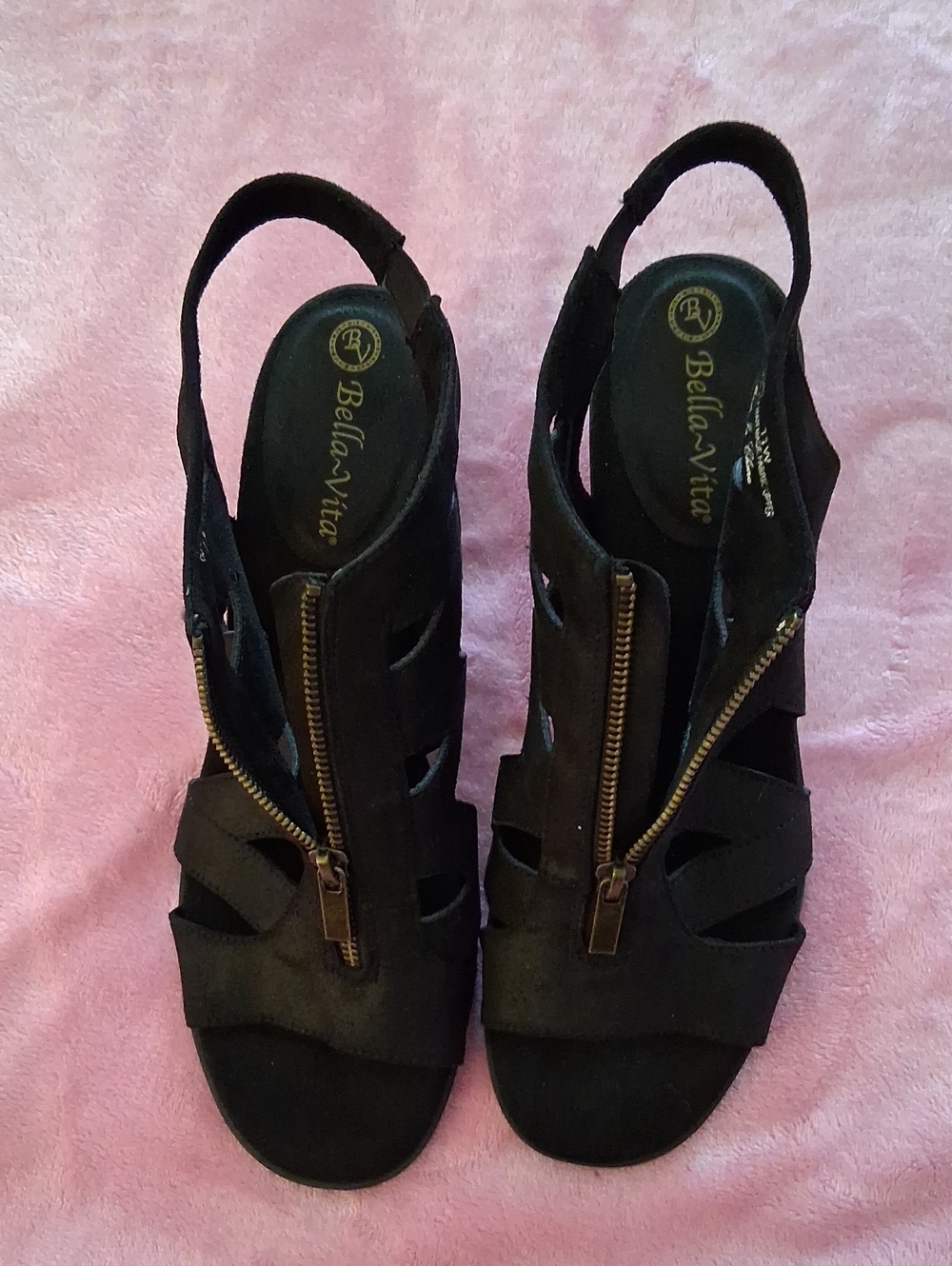 Bella Vita Black Suede Zip Front Slingback Heels